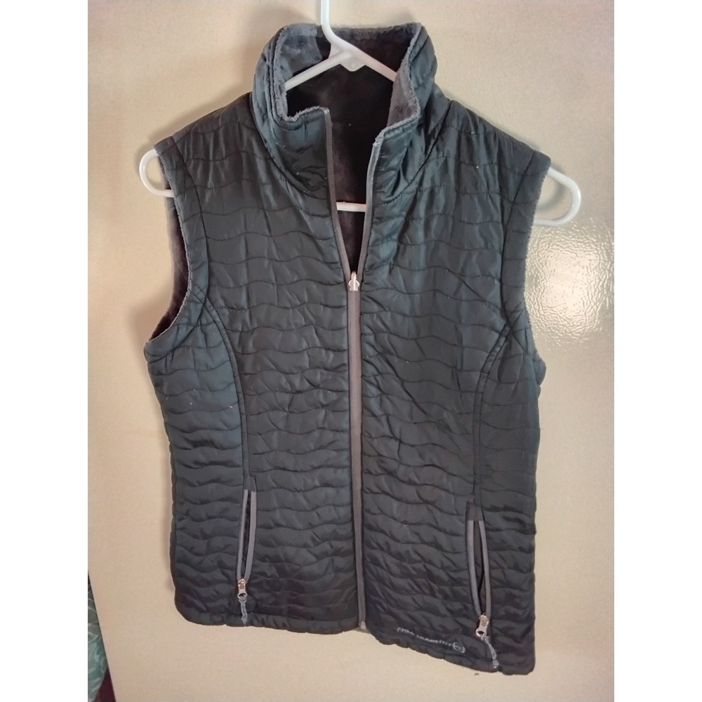 Free Country Womens Reversible Quilted and Faux Fur Vest Black Grey Full Zip Sm